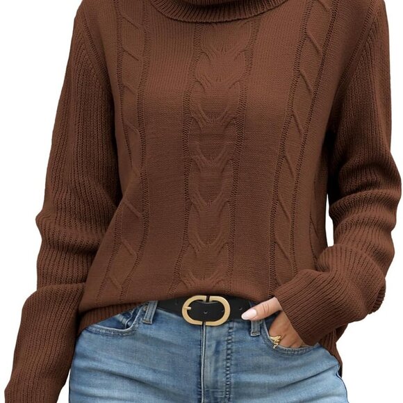 Elegant Women's Cable Knit Turtleneck Sweater - Cozy Brown Pullover for Winter - Picture 3 of 6